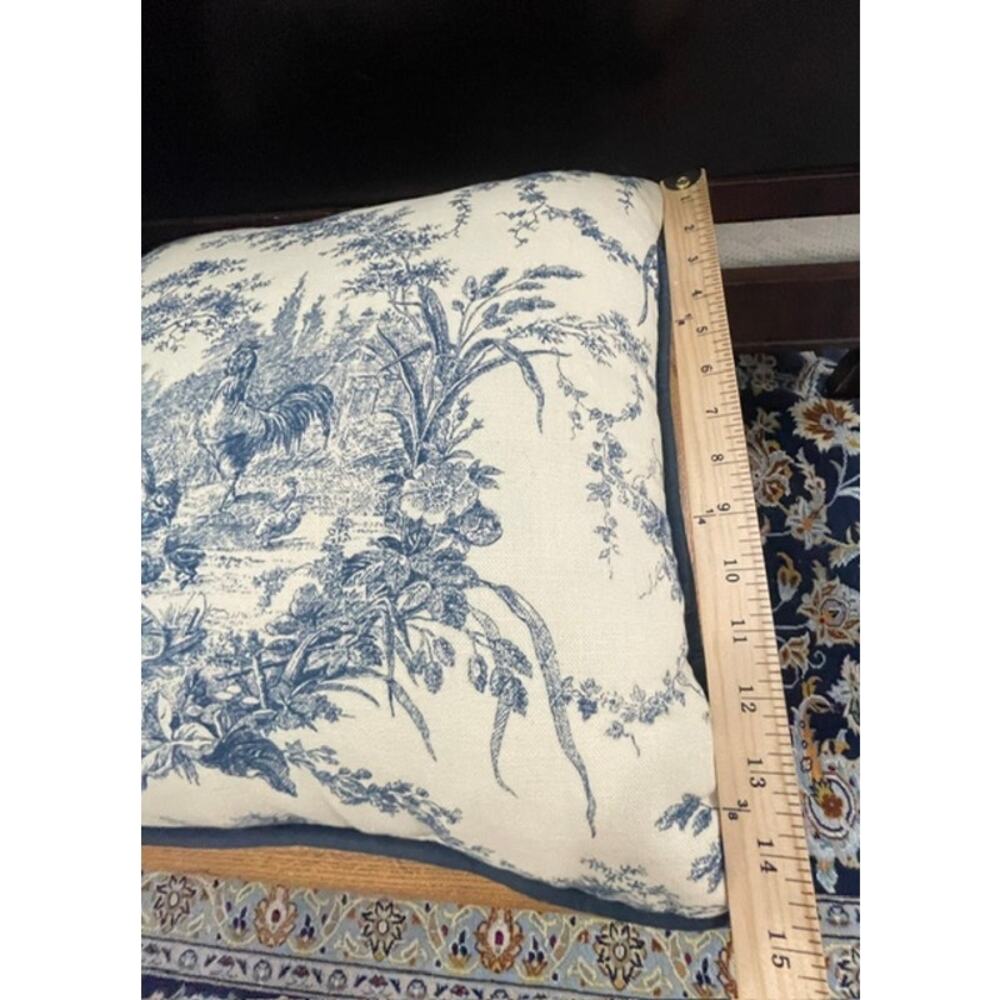 French Country Toile Rooster Farmhouse Accent Pillow Blue White 15x15 Cotton - Picture 5 of 7